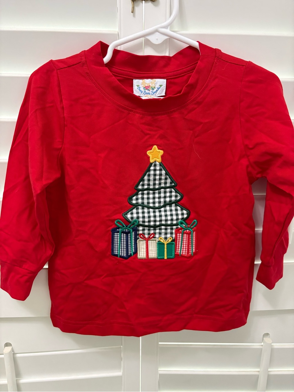 Busy Bee Smocks Red Long-Sleeve Christmas Tree Appliqué Tee